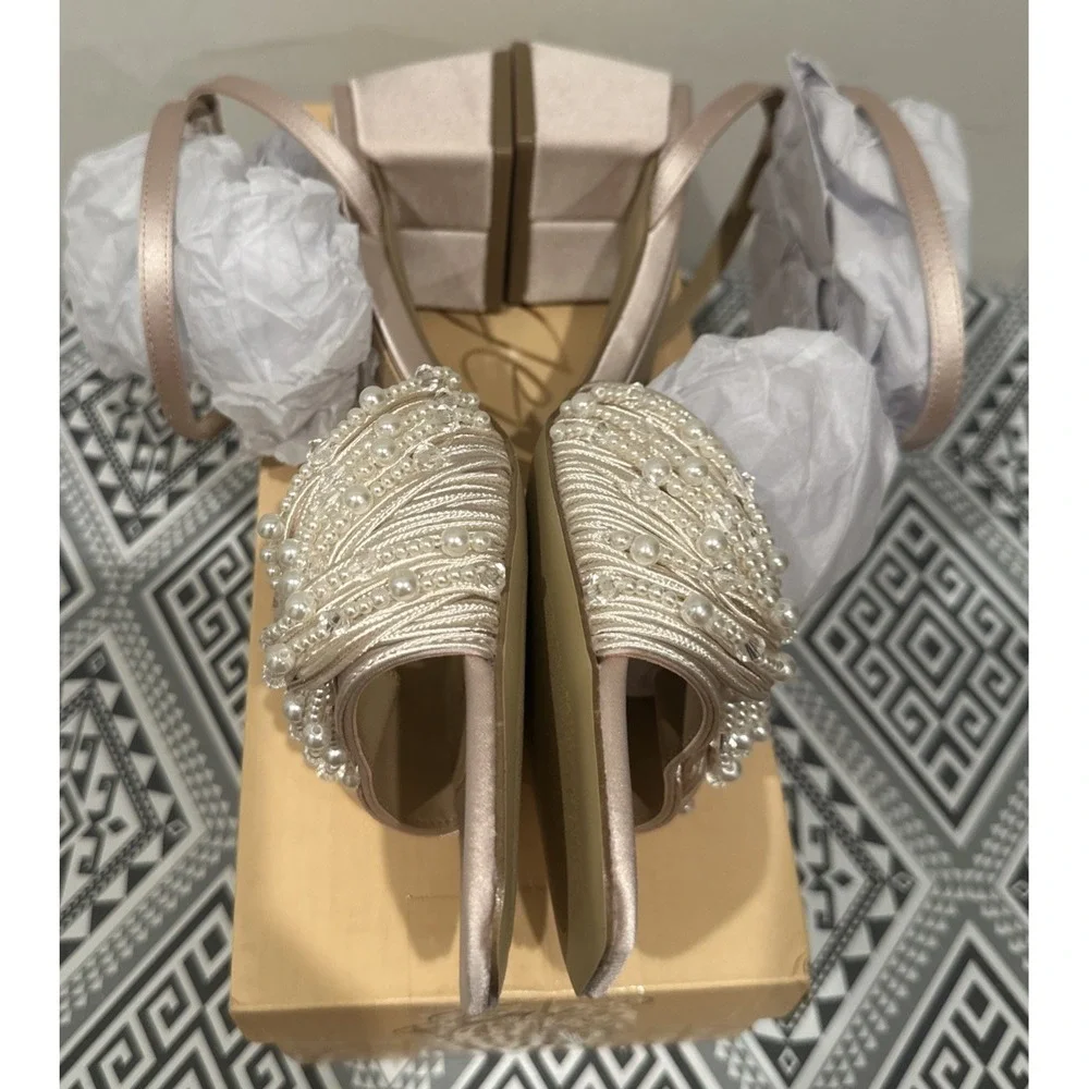 Badgley Mischka Size 10 Fallon Pearl Embellished Block Sandals Champagne Satin